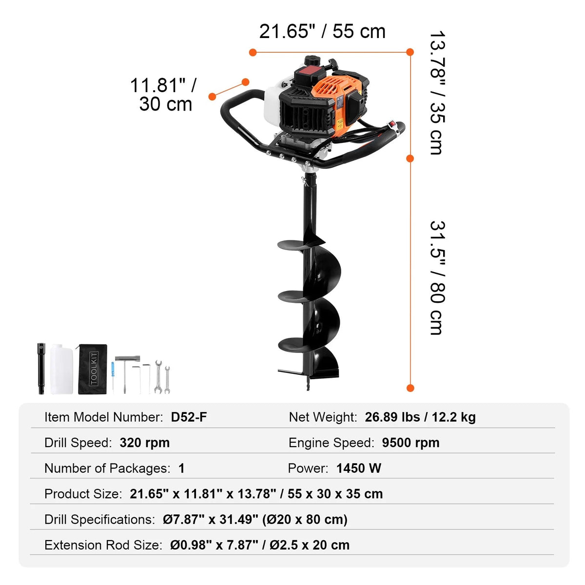 KFFKFF Gas Earth Auger, 52CC 1450W, 8 inch Drill Bit And Extension Rod - D52-F