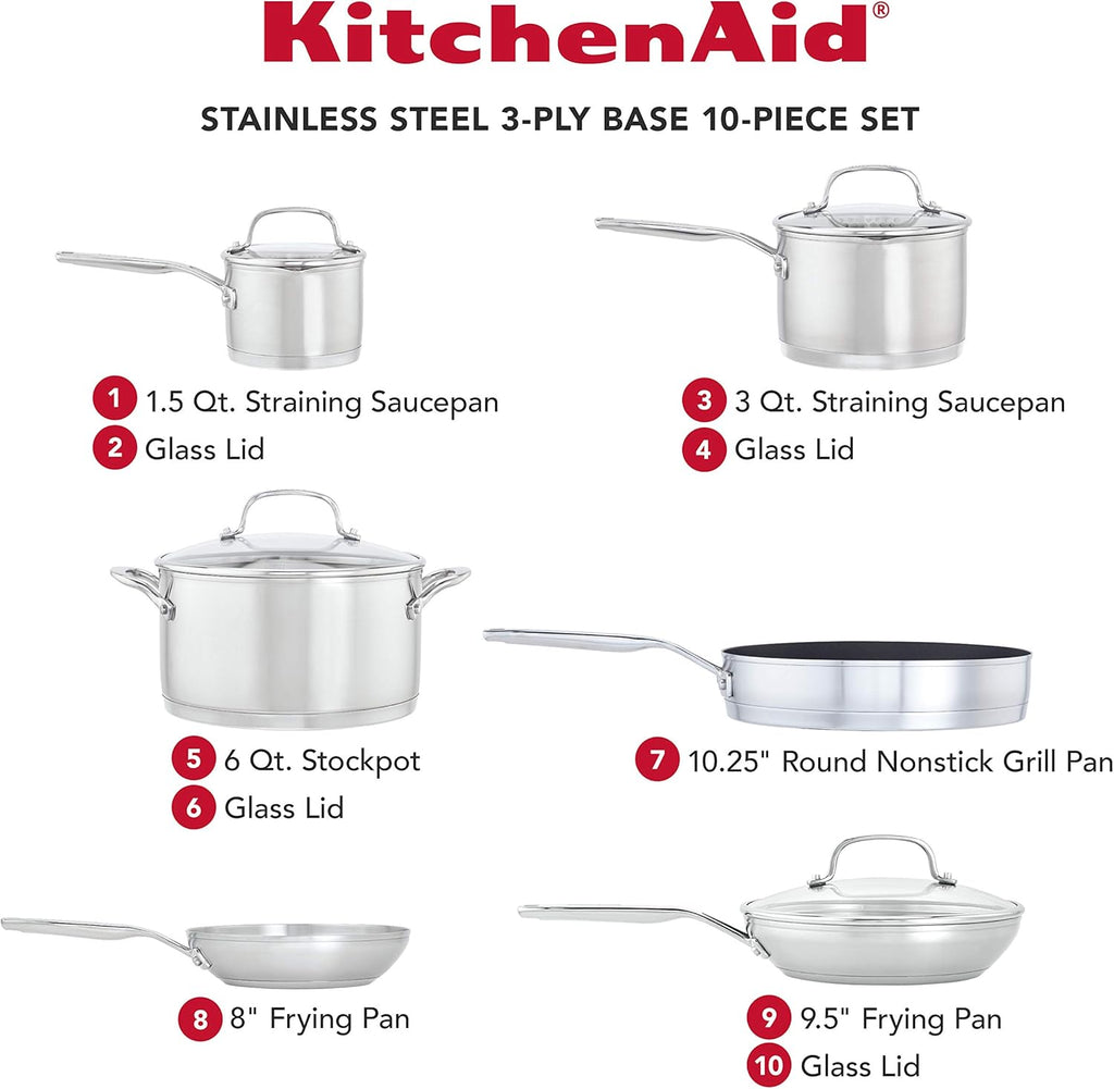 KitchenAid 10 Piece 3-Ply Base Brushed Stainless Steel Induction Cookware Set With Nonstick Grill Pan