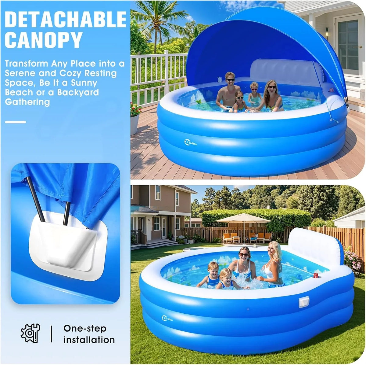 Inflatable Family Lounge Pool With Canopy, Bench And Backrest, 92in x 92in x 26in - Blue