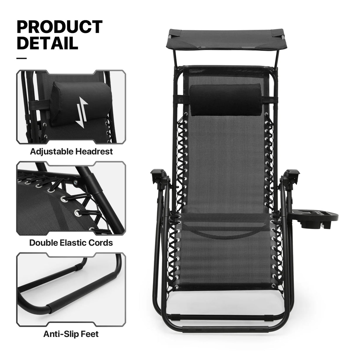 MoNiBloom Zero Gravity Reclining Chairs Set Of 2 With Canopy Shade And Headrest, Black - 330 lbs