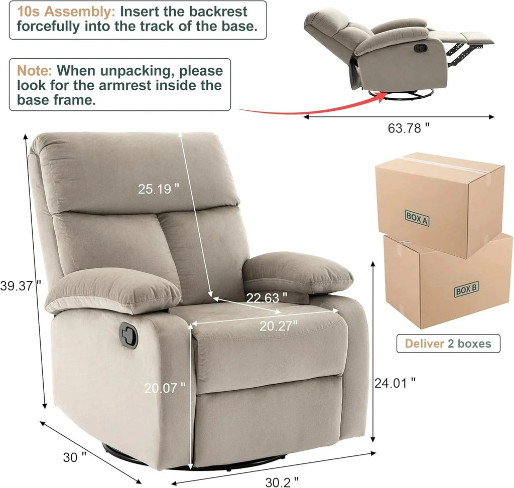 Swivel Rocker Recliner Chair For Compact Spaces - 32in D x 30.2in W x 38.9in H