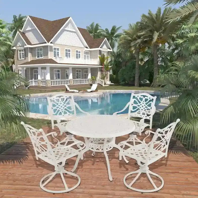 Cast Aluminum 5-Piece Patio Dining Set With 4 Swivel Chairs And Tempered Glass Table - Brown Or White