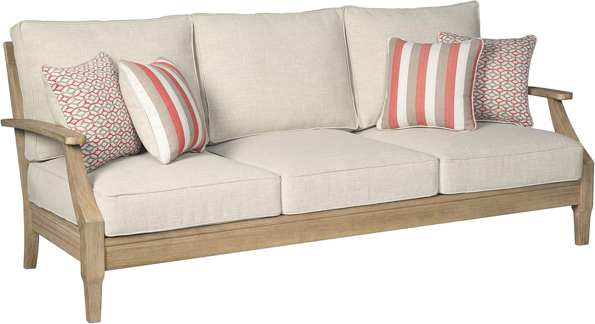 Signature Design by Ashley Clare View Outdoor Patio Eucalyptus Sofa With Cushions, Beige