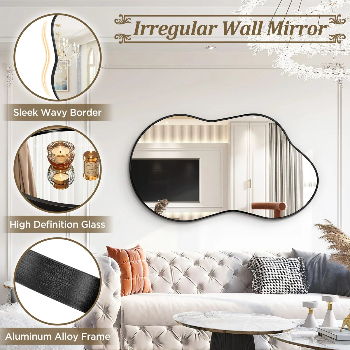 Asymmetrical Irregular Wall Mirror, 20x36, 24x36, Or 26x46, Gold, Black, Or Silver