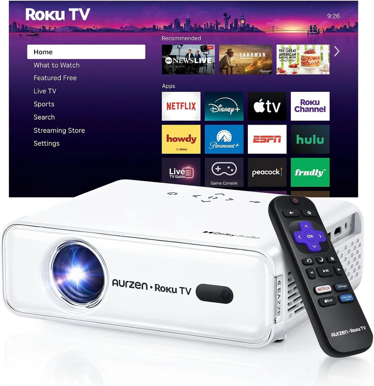 Aurzen Roku TV Smart Projector 1080P FHD WiFi Bluetooth White