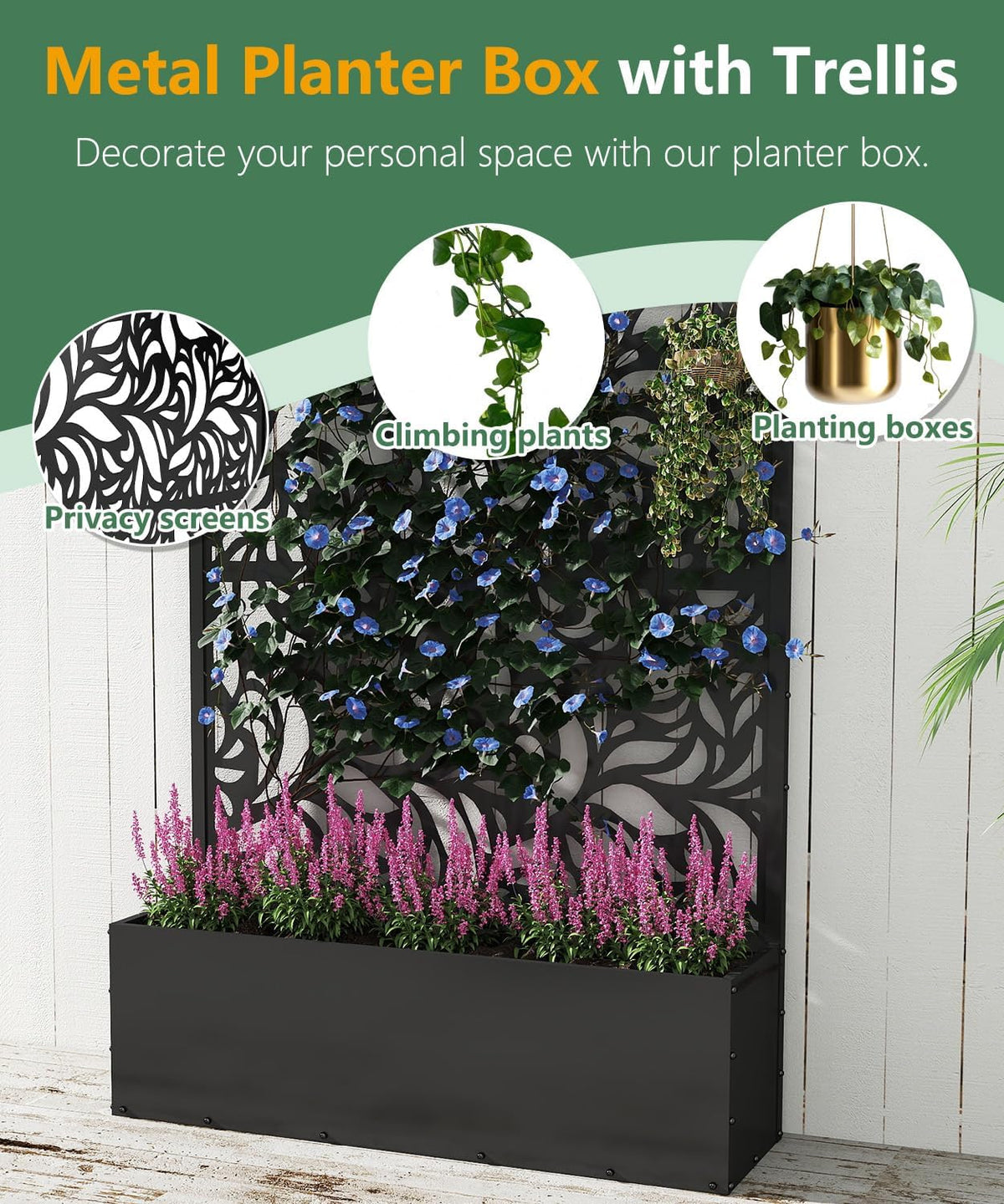 2PCS Metal Planter Box With Trellis 70.9in x 47.2in x 15.7in