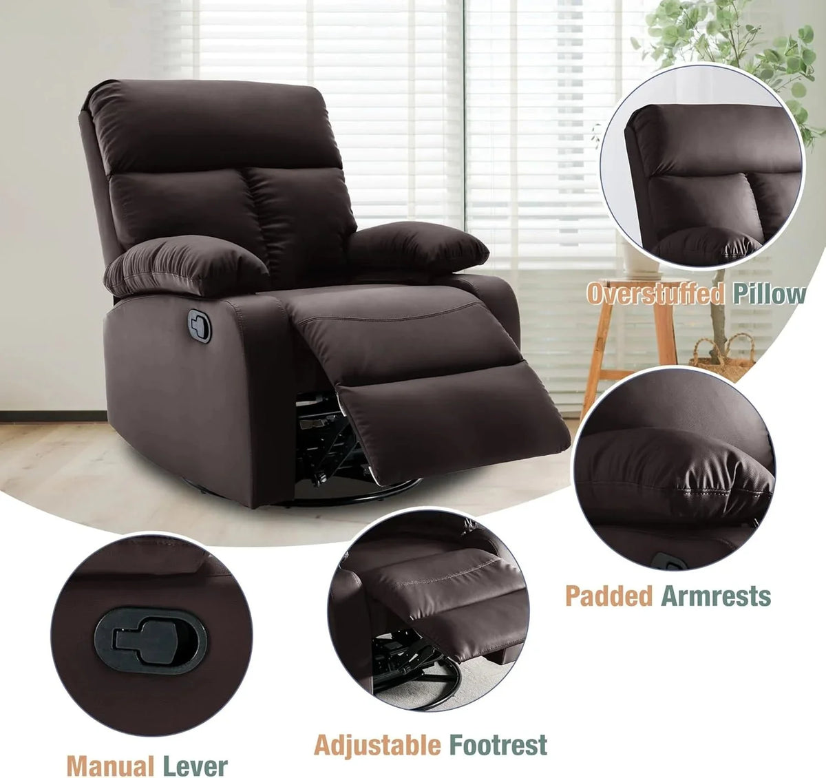 Swivel Rocker Recliner Chair For Compact Spaces - 32in D x 30.2in W x 38.9in H