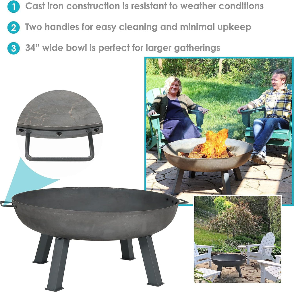 Sunnydaze Decor Rustic Cast Iron Outdoor Raised Fire Pit Bowl, 34-Inch, Rust - RCM-LG570