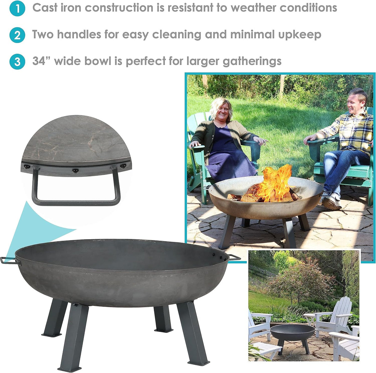 Sunnydaze Decor Rustic Cast Iron Outdoor Raised Fire Pit Bowl, 34-Inch, Rust - RCM-LG570