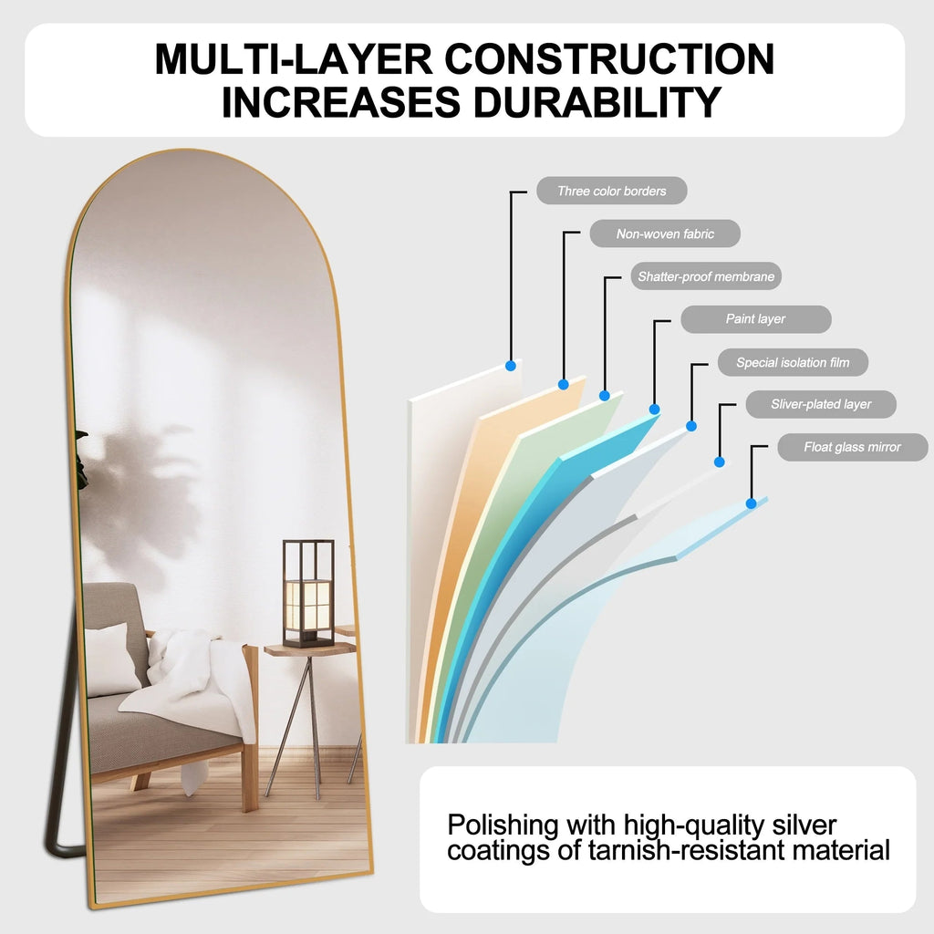 Arched Full-Length Wood Floor Mirror, Black Or Gold, 65x22/71x24/71x28/71x32