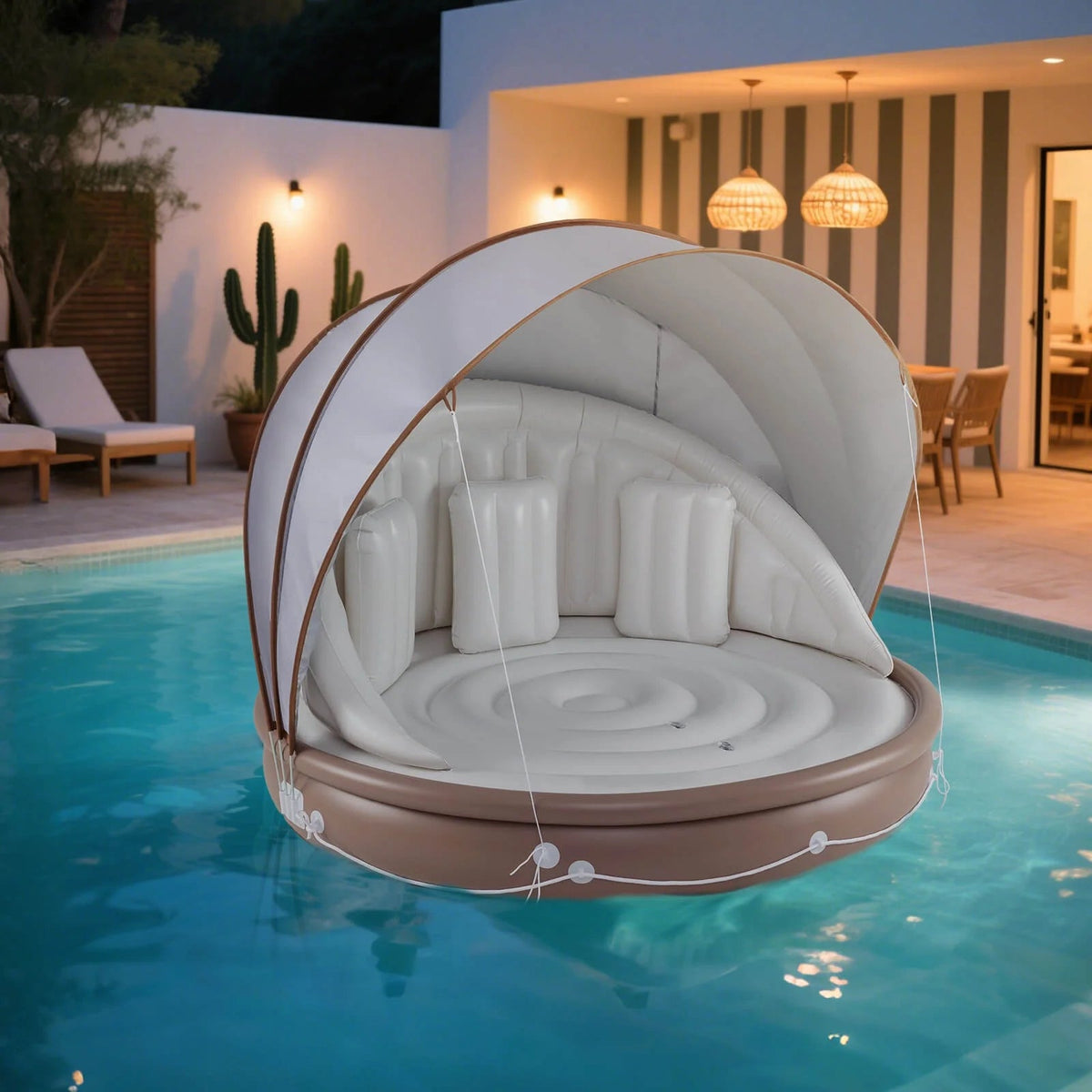 Costway Canopy Inflatable Pool Float Lounge, 71'' x 71'' x 63'' - White Brown Silver