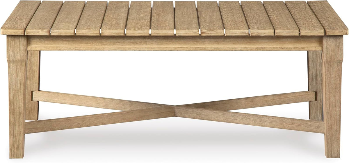 Signature Design by Ashley Clare View Outdoor Patio Eucalyptus Sofa With Cushions, Beige