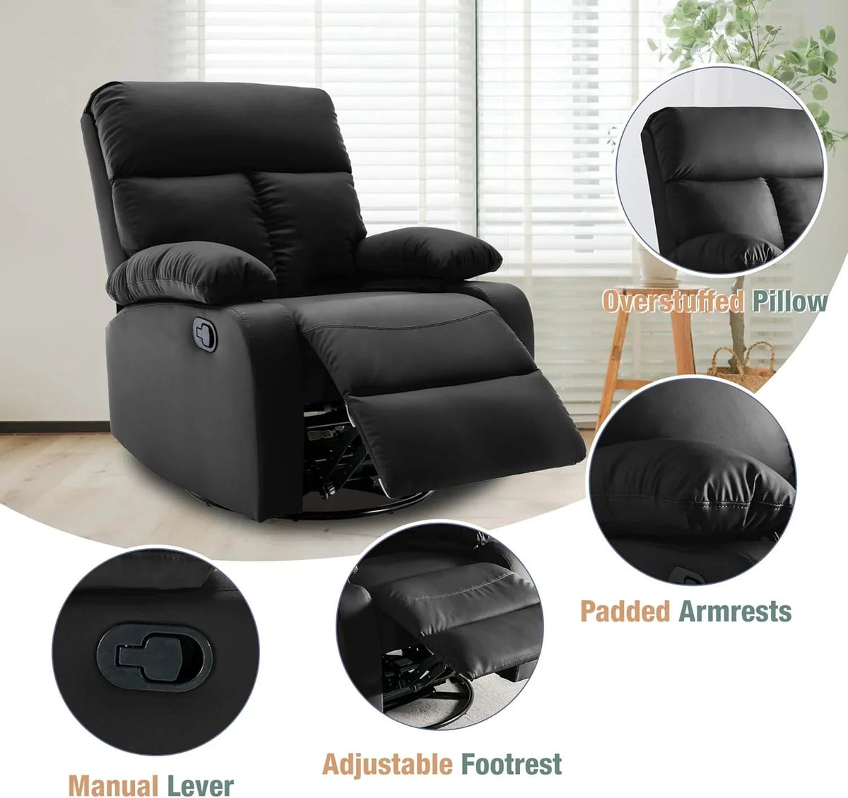 Swivel Rocker Recliner Chair For Compact Spaces - 32in D x 30.2in W x 38.9in H