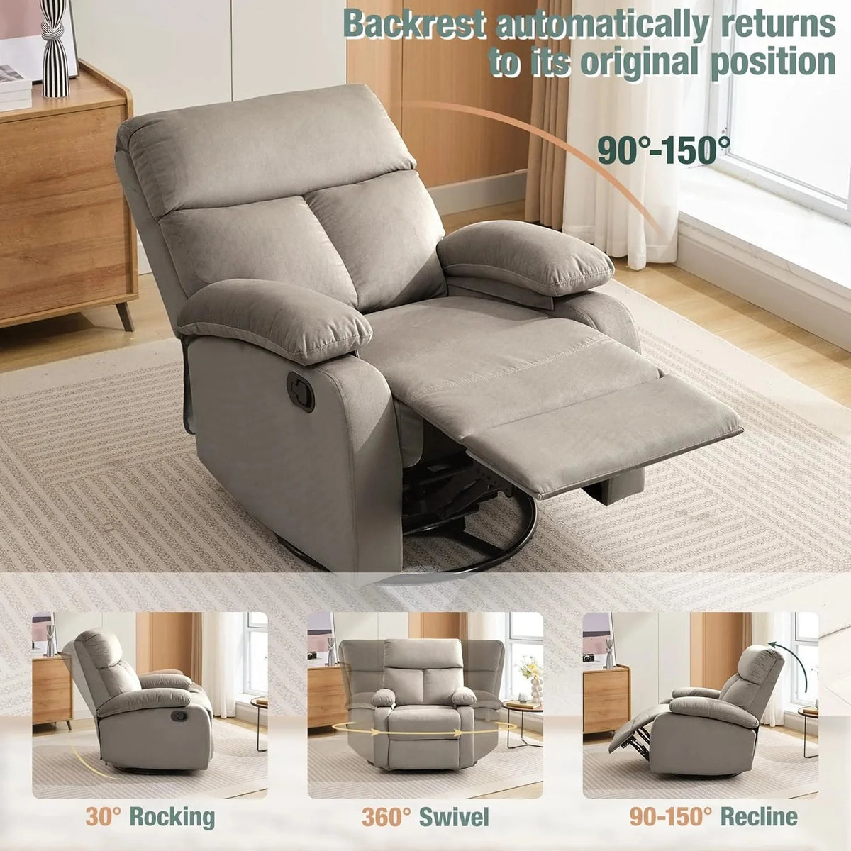Swivel Rocker Recliner Chair For Compact Spaces - 32in D x 30.2in W x 38.9in H