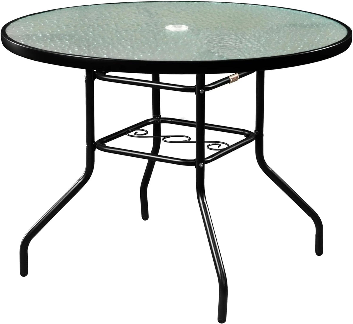 Outdoor Steel Patio Dining Table With Round Waterwave Glass Top, Black, 40 inch
