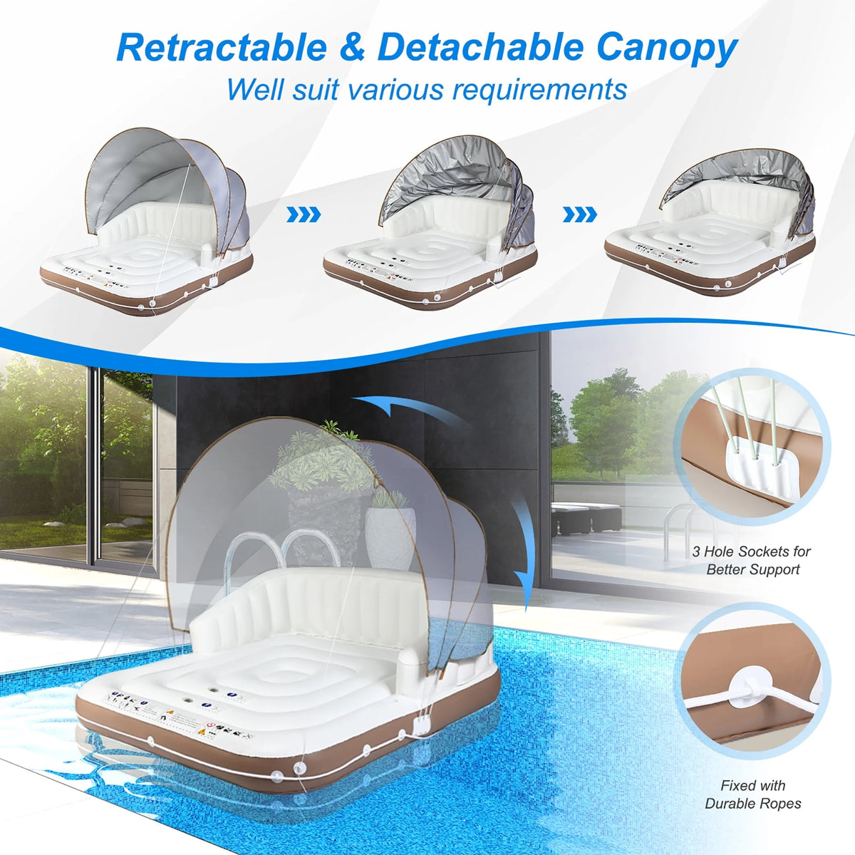 Costway Canopy Inflatable Pool Float Lounge, 71'' x 71'' x 63'' - White Brown Silver