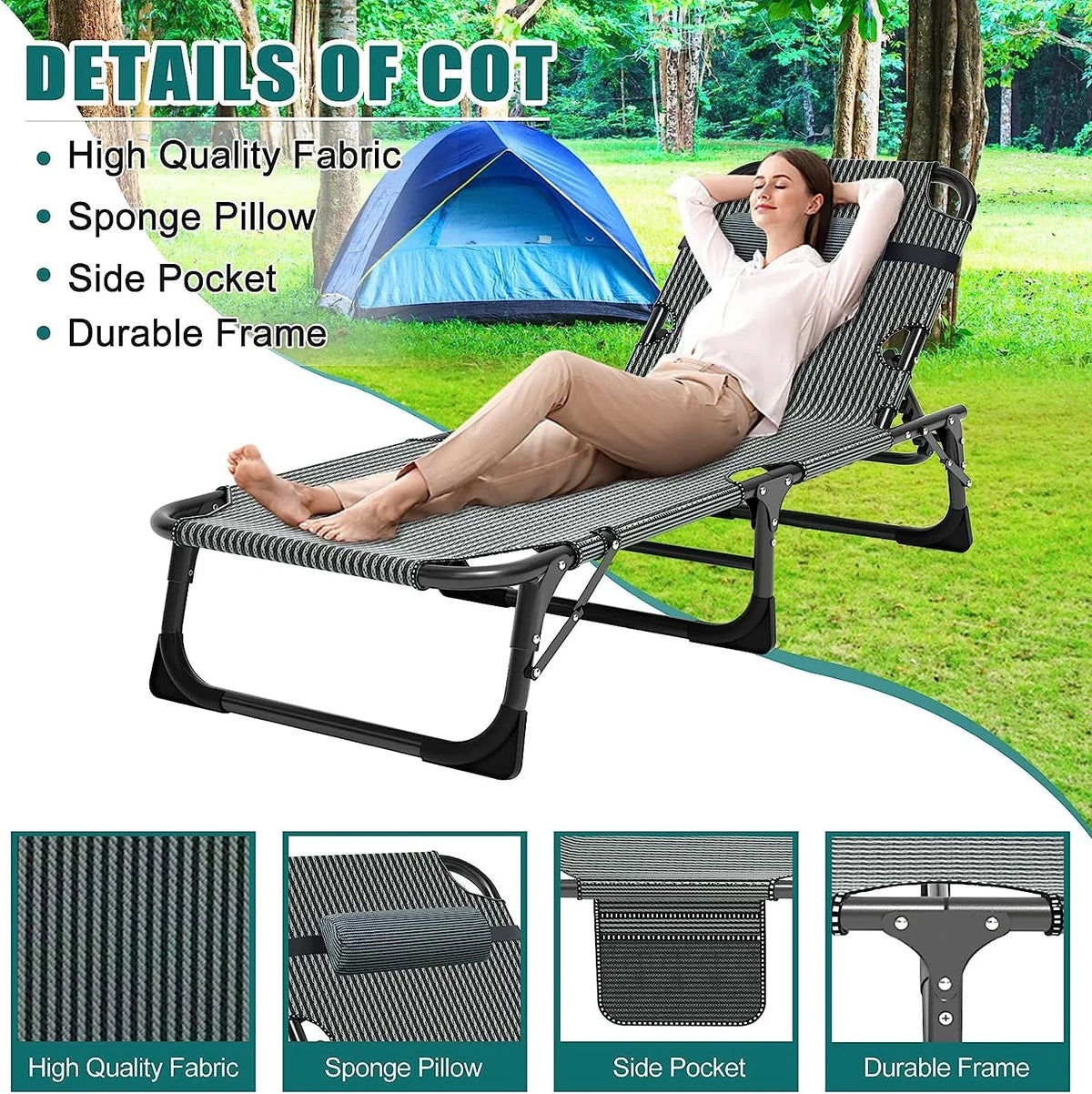 Slsy 5-Position Adjustable Folding Lounge Chair And Cot - 75.2" x 25.6" x 11.8"