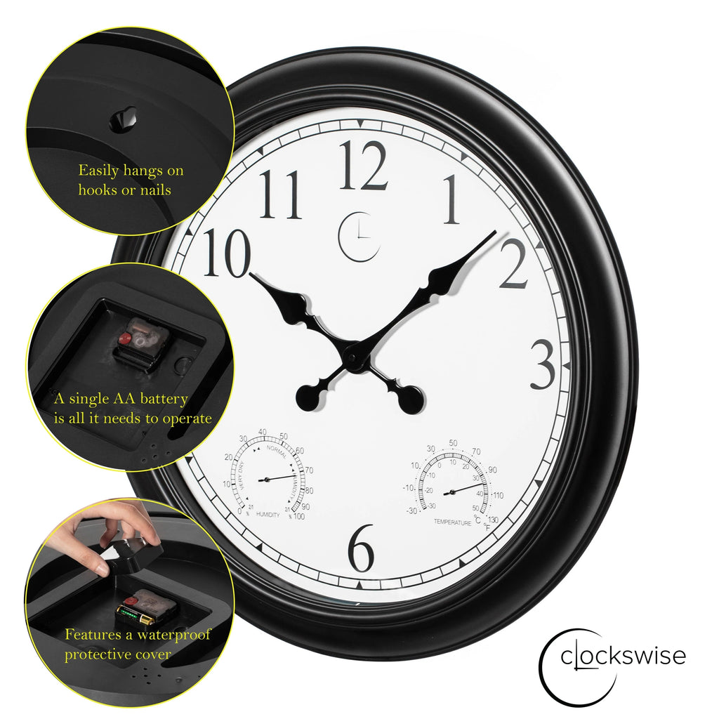 Outdoor Wall Clock With Thermometer And Hygrometer, 24-Inch, Black