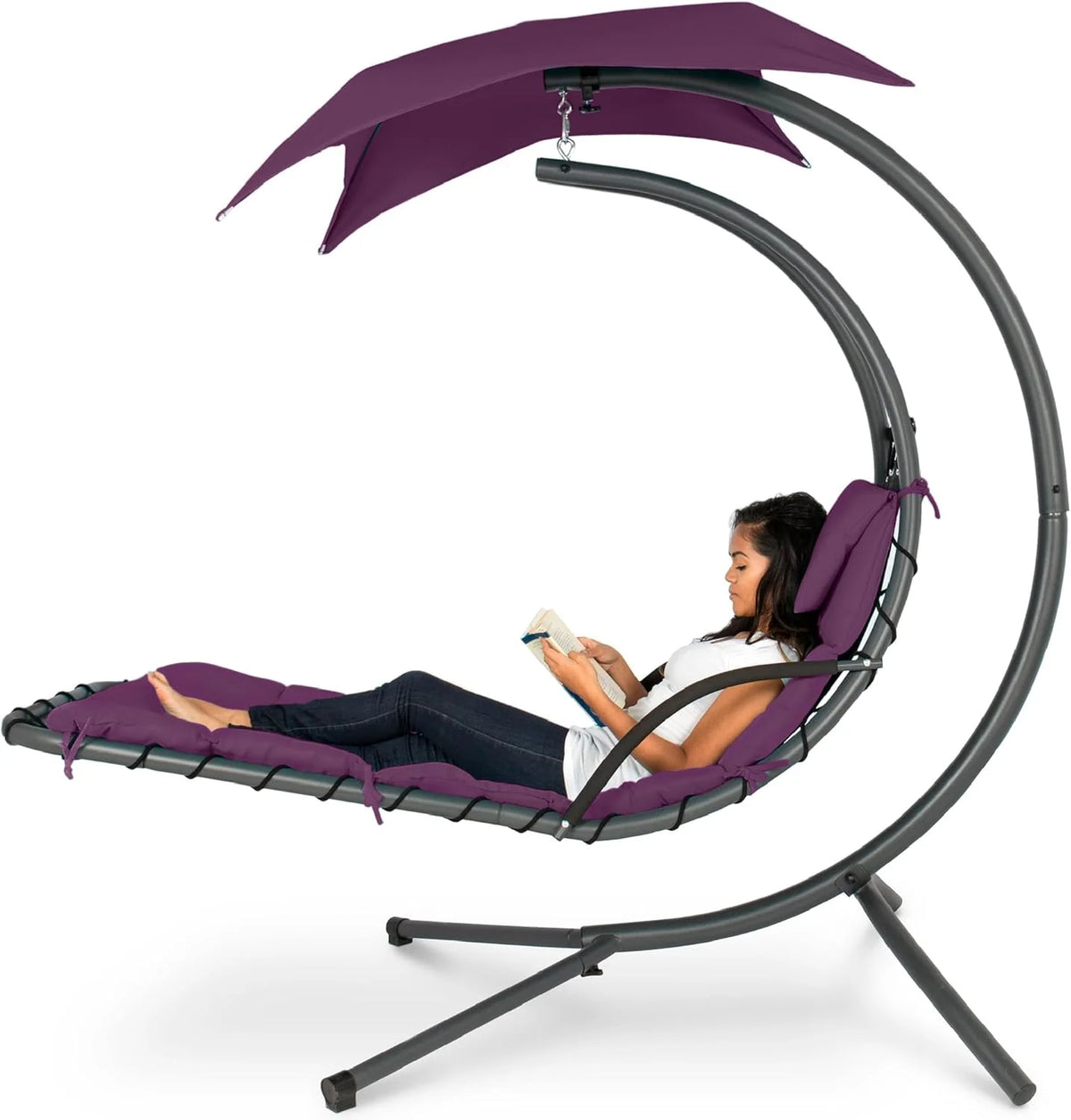 Best Choice Products Outdoor Hanging Steel Chaise Lounge Chair With Canopy, Charcoal Gray - SKY5871